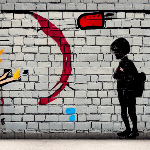 AI generated: graffiti art painting in Bansky style on a brick wall of young boy wearing a helmet staring at a bus...