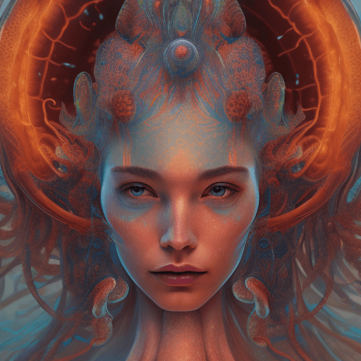 AI generated: Goddess close-up portrait ribcagel. jellyfish phoenix head, nautilus, orchid, skull, betta fish, bio...
