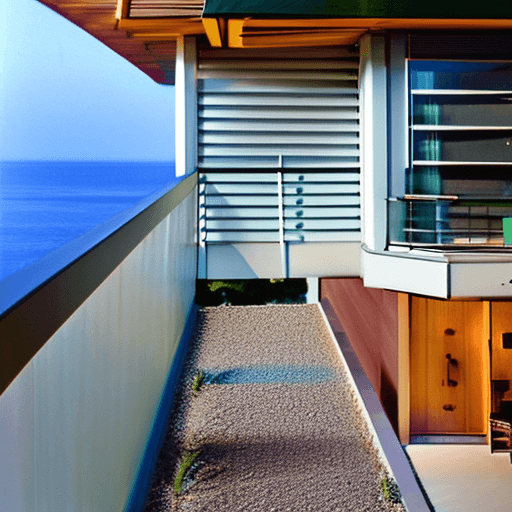 AI generated: hyper realistic eye level exterior photo of a mid century modern style house overlooking the ocean, ...