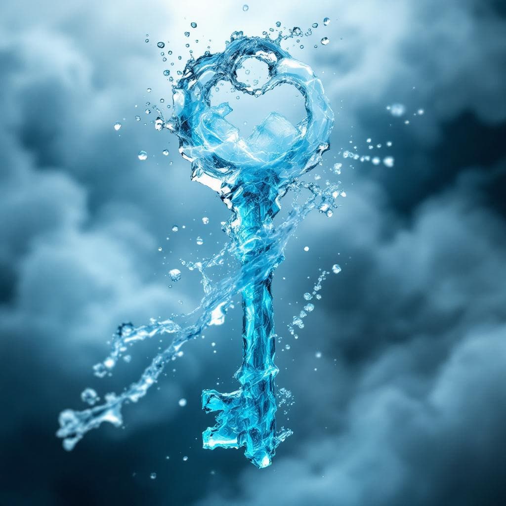 AI generated: Create a key made of Aquamarine with water and ice colliding at the hilt and the teeth of the key ar...