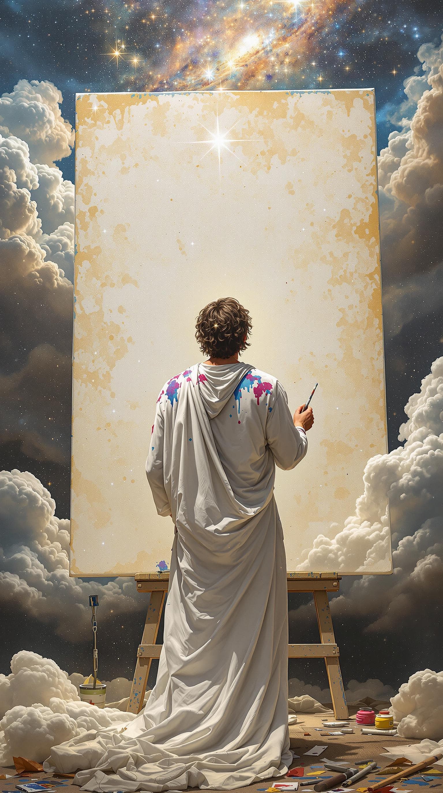 AI generated: hyper realistic   style, full portrait depicting God as an artist, facing   a giant uncompleted canv...