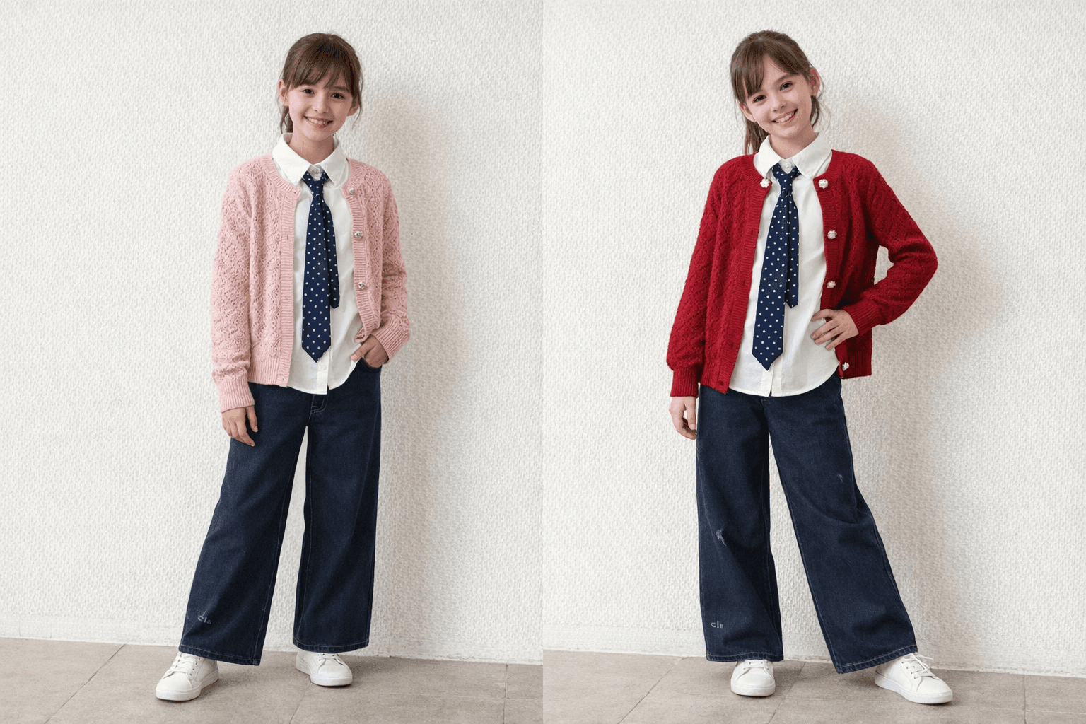 AI generated: A complete image of two girls of 11 years wearing this clothes with different poses