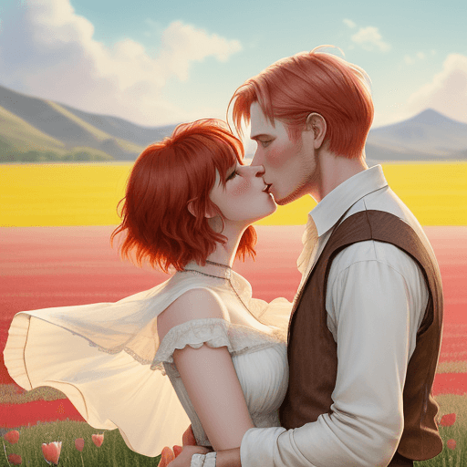 AI generated: Romance illustration, a couple sharing a passionate kiss, woman with short red hair, tall blonde man...