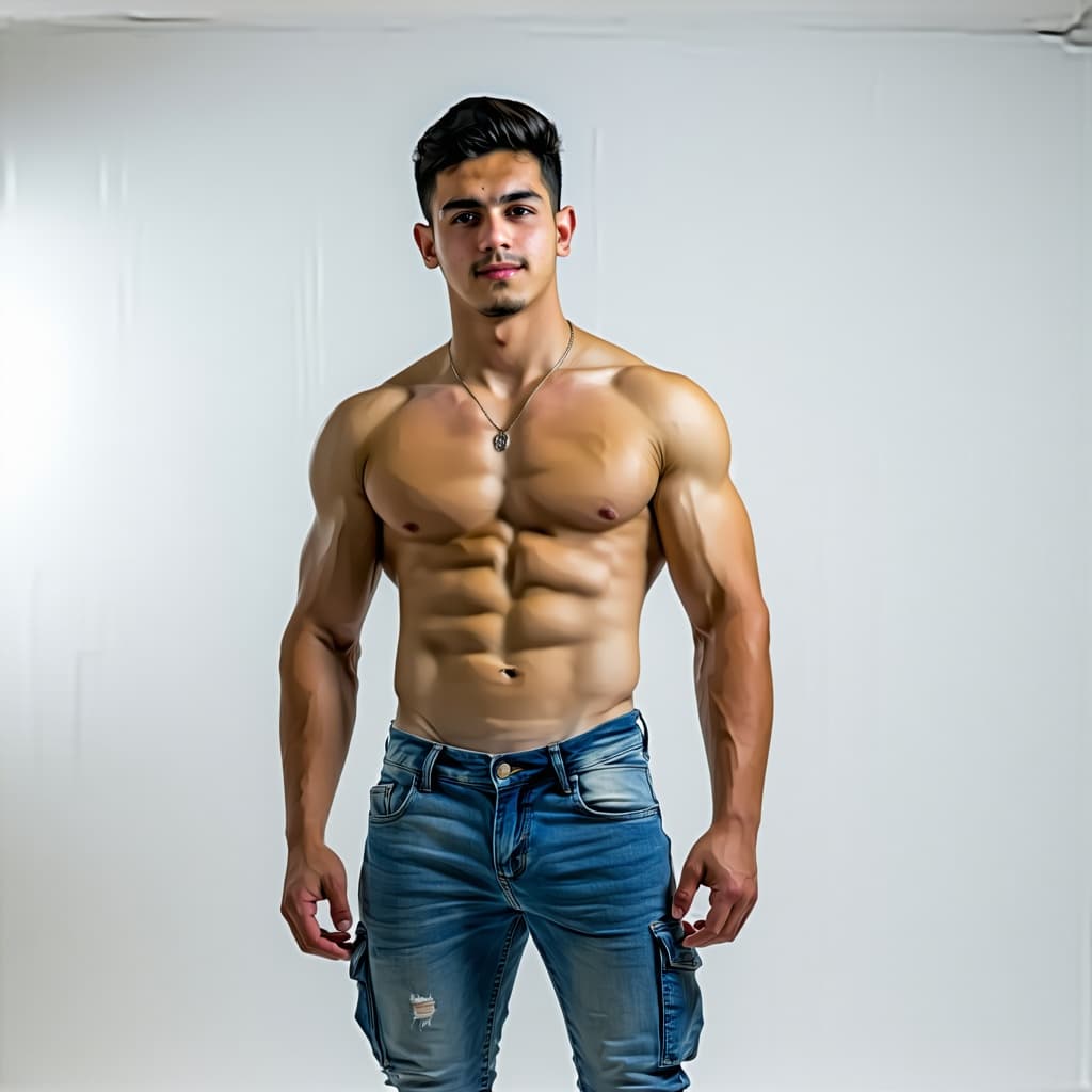 AI generated: A young Mexican bro in tight cargo jeans with v tapers tight flat 6 pack abs nice chest thick full w...