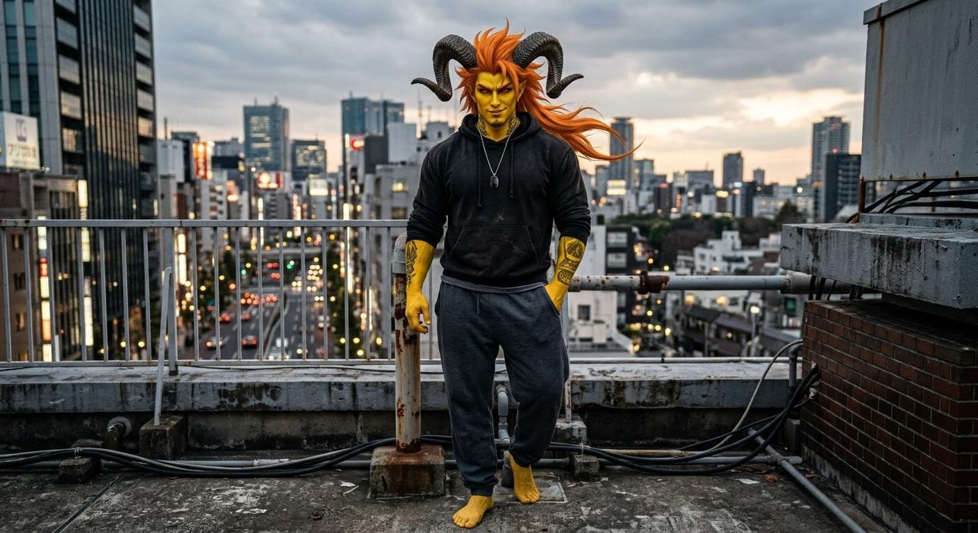 AI generated: A muscular attractive man with yellow skin and orange hair with red eyes with a black hoodies with s...