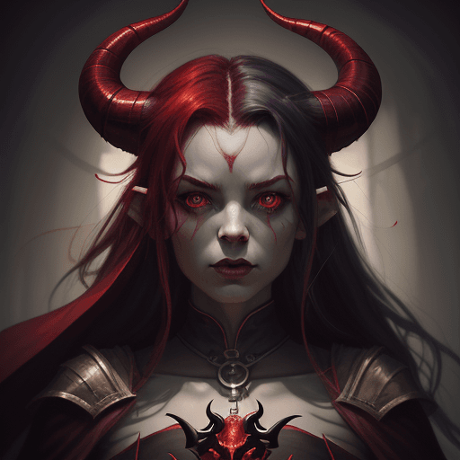 AI generated: painting of a woman with horns and a red cape, tiefling, portrait of demon girl, tiefling female war...