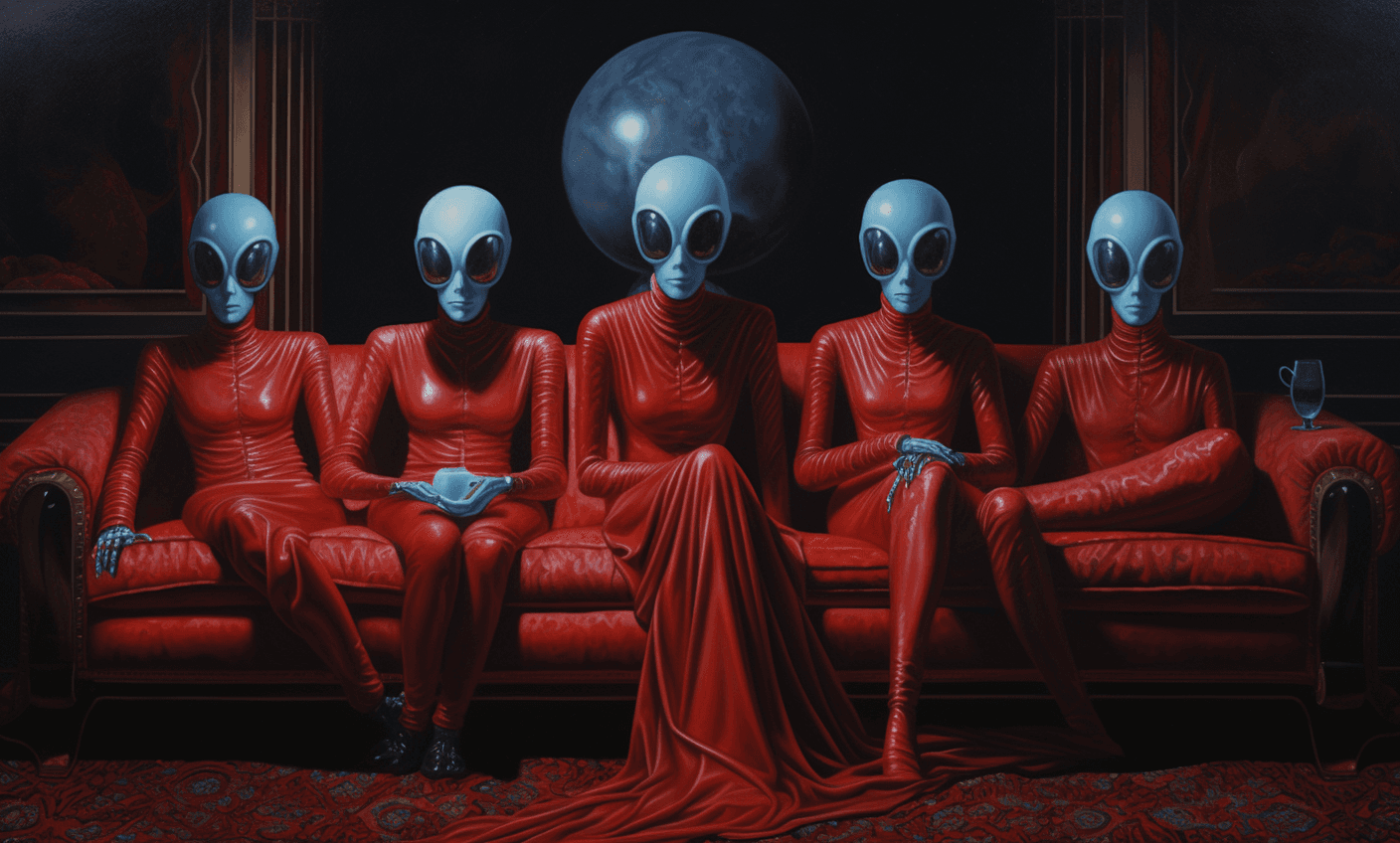 AI generated: **the painting shows four aliens sitting on a sofa, in the style of trompe-l'œil illusionistic detai...