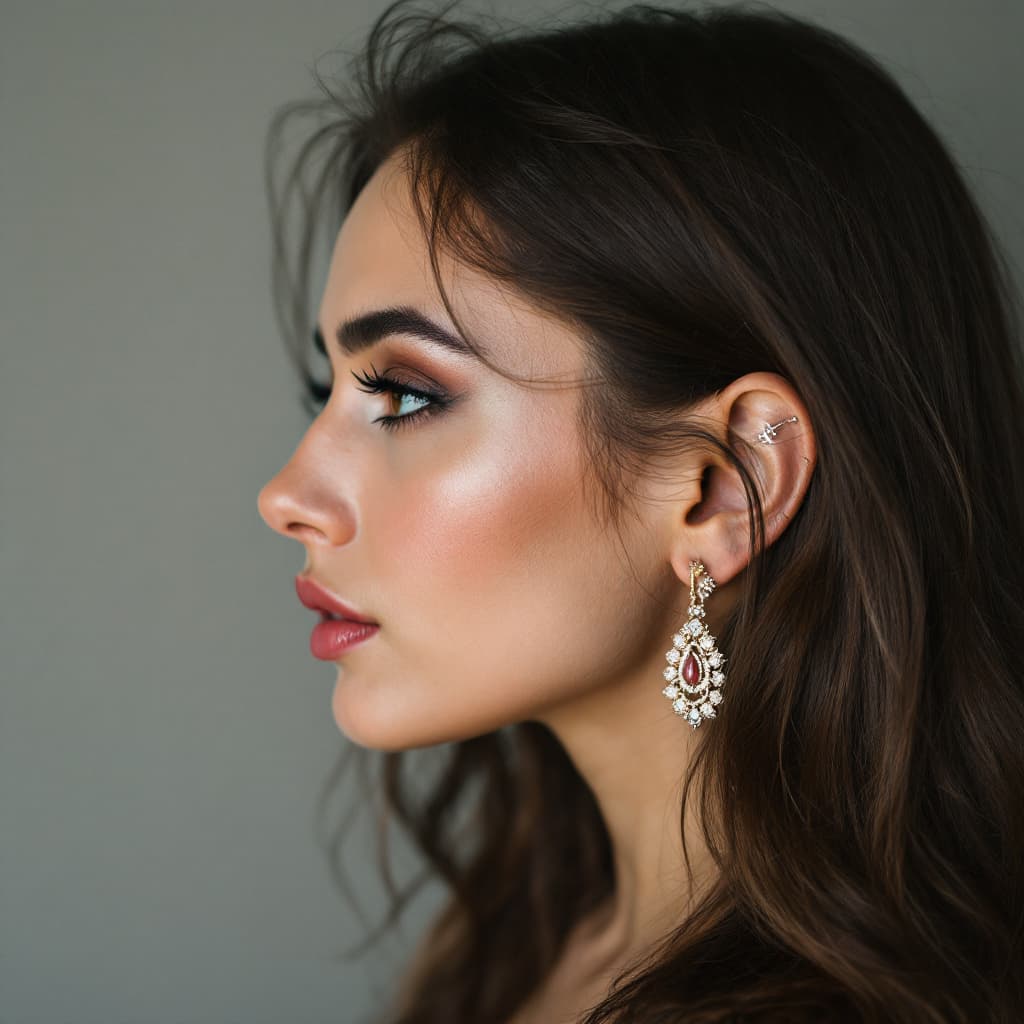 AI generated: Profil de femme au cheveux long brun avec bijoux de piercing