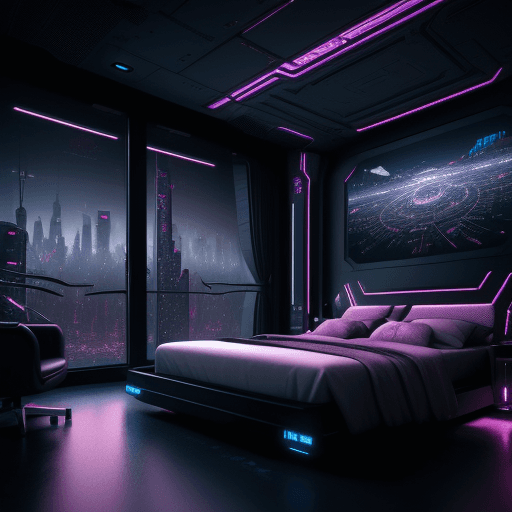 AI generated: Dark classy spaceship bedroom interior, BIG, cyberpunk city view, HYPER-DETAILED, HYPER INTRICATE, H...