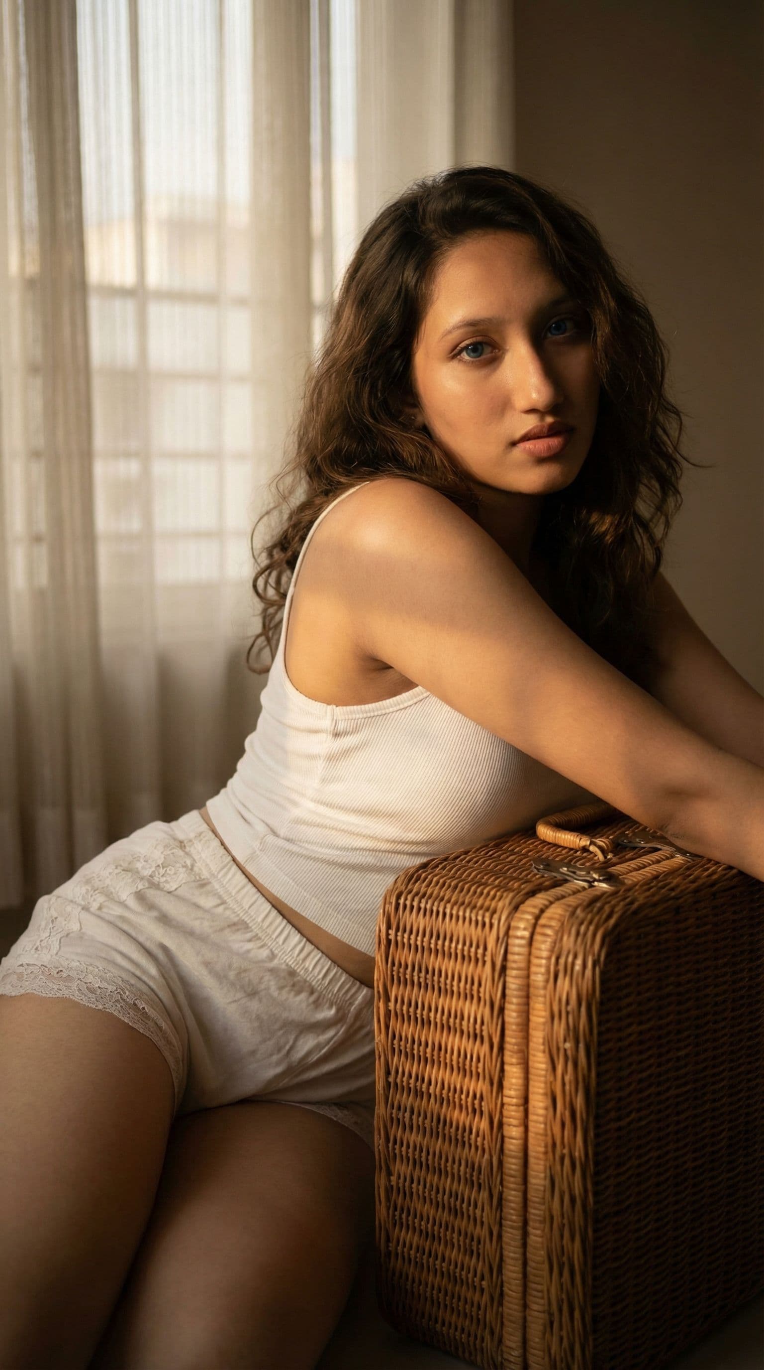 AI generated: in a dimly lit room, leaning against a wicker suitcase, staring at the camera with her blue eyes. Sh...