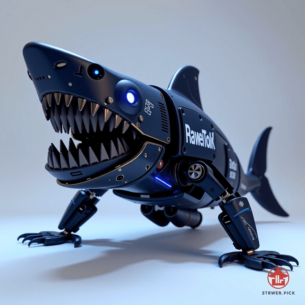 AI generated: A ferocious robotic shark, its powerful jaws lined with razor-sharp RAM sticks, its sleek body forme...