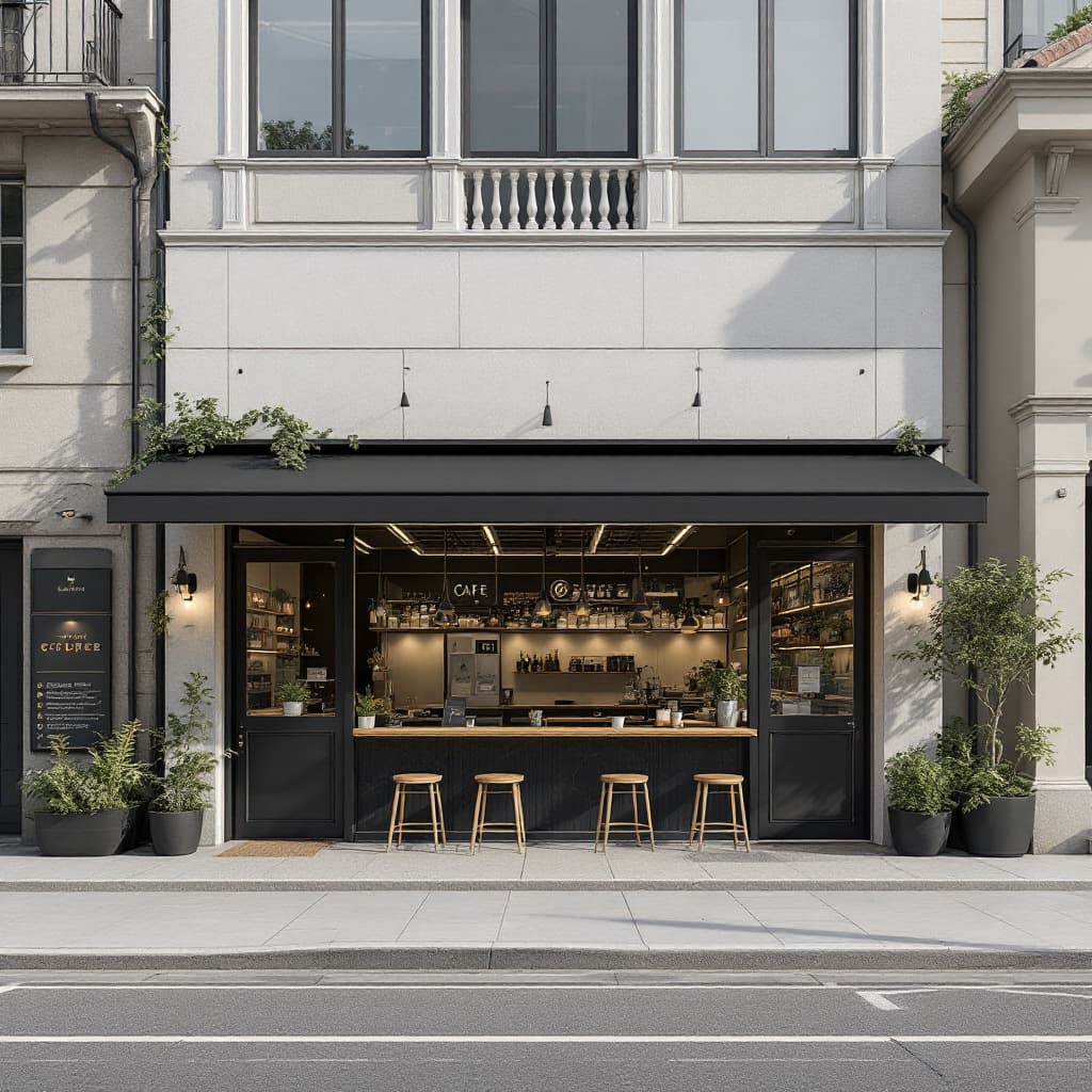 AI generated: Design a modern and minimalist cafe facade