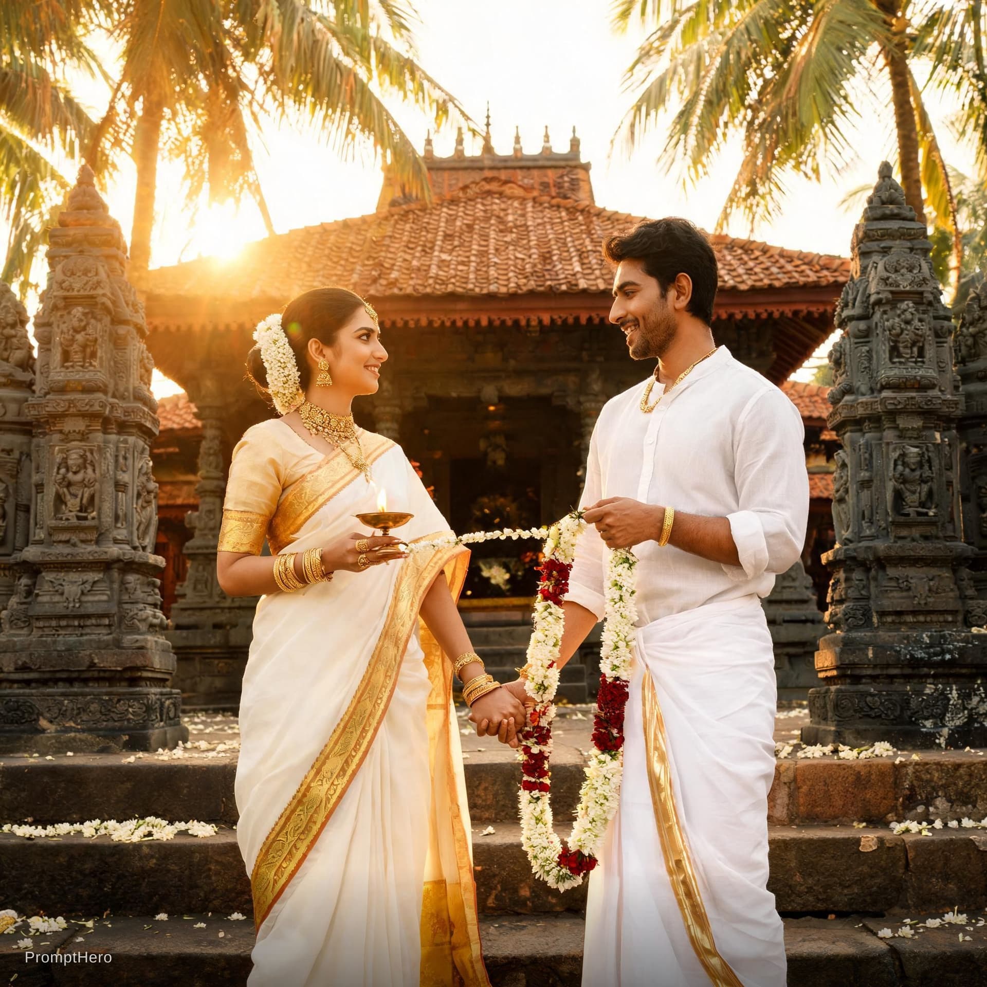 AI generated: Create a captivating image of a bride dressed in a traditional Kerala saree and a groom in a mundu, ...