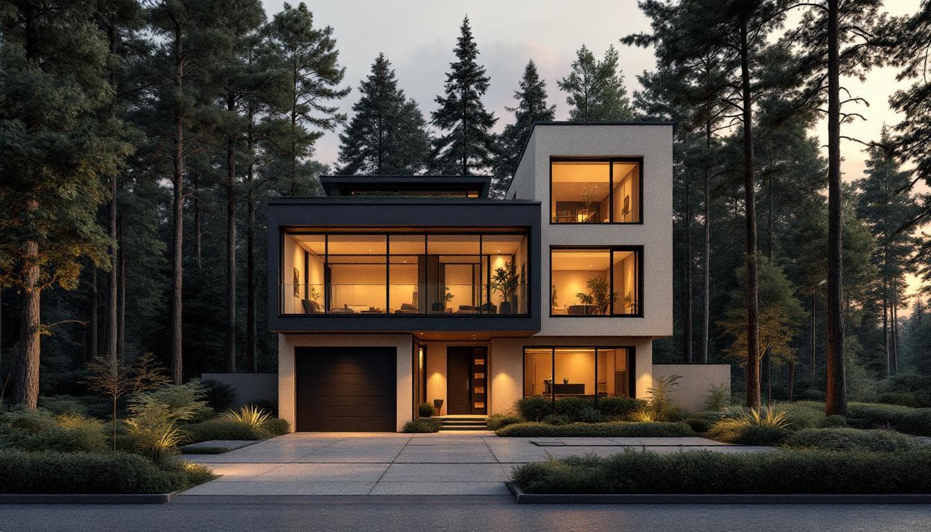 AI generated: create realistic photo of a modern town house with beige textured walls with big windows in the  int...