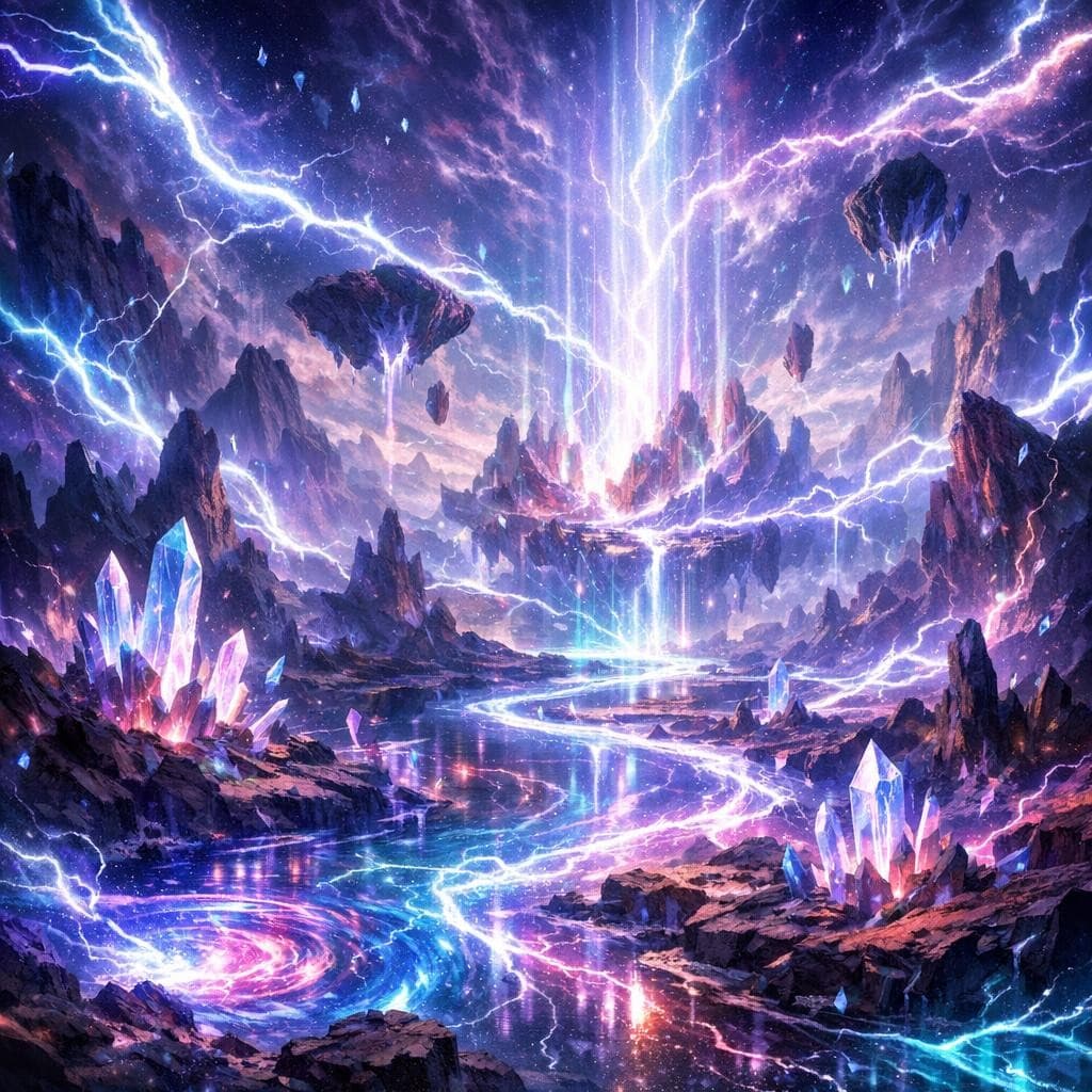 AI generated: Create a unique environment/Biome of a Energy → The Flux Nexus (raw energy arcs through the environm...