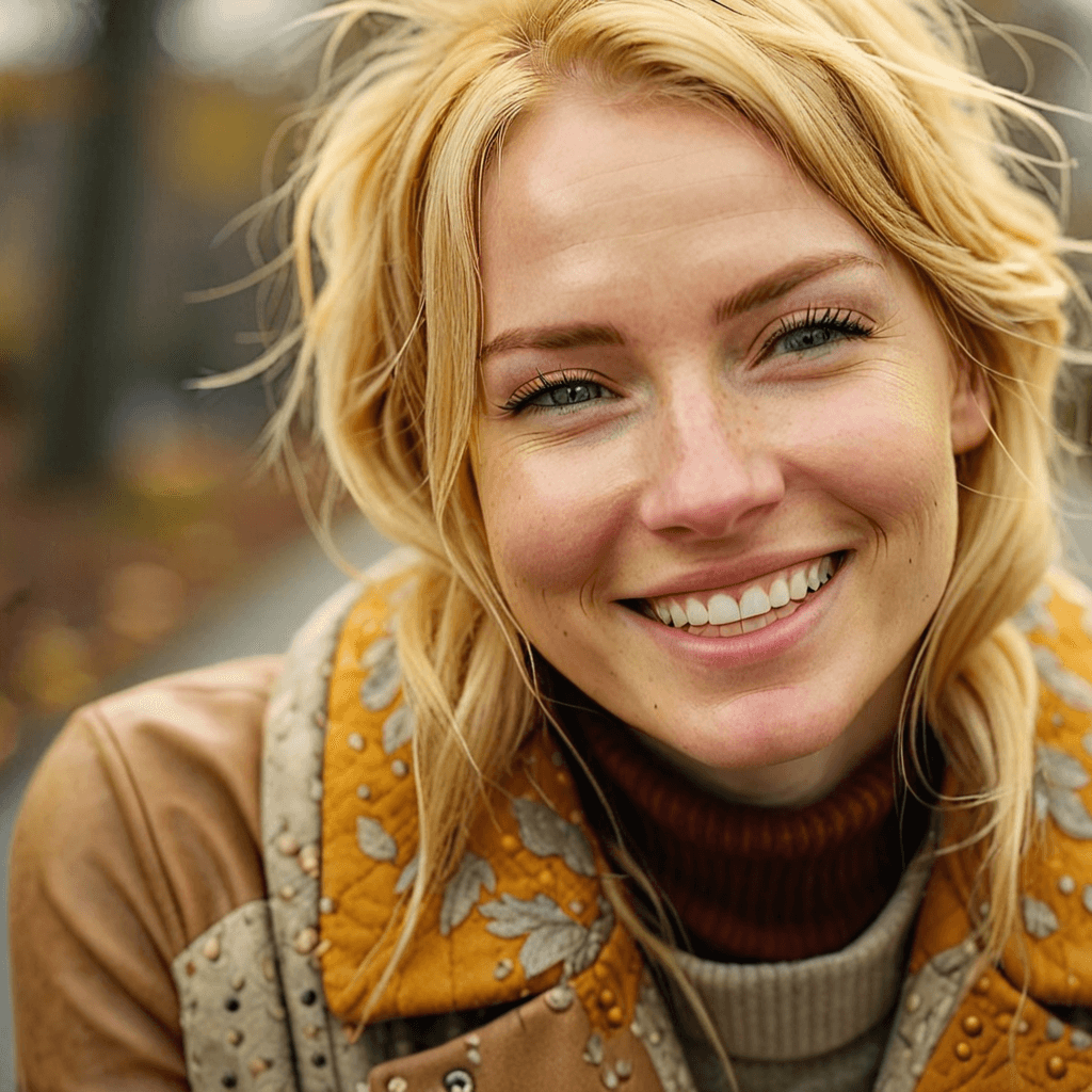 AI generated: 3/4 shot photograph of a woman with blonde hair, (freckles:0.6), smiling intently at the viewer, hol...