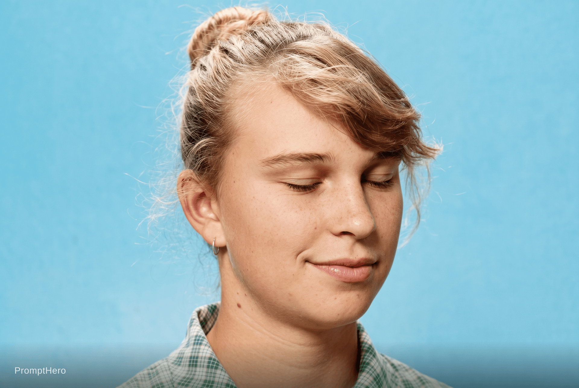 AI generated: Portrait of a blond 16 year old girl with her eyes completely closed, she is smiling gently with her...