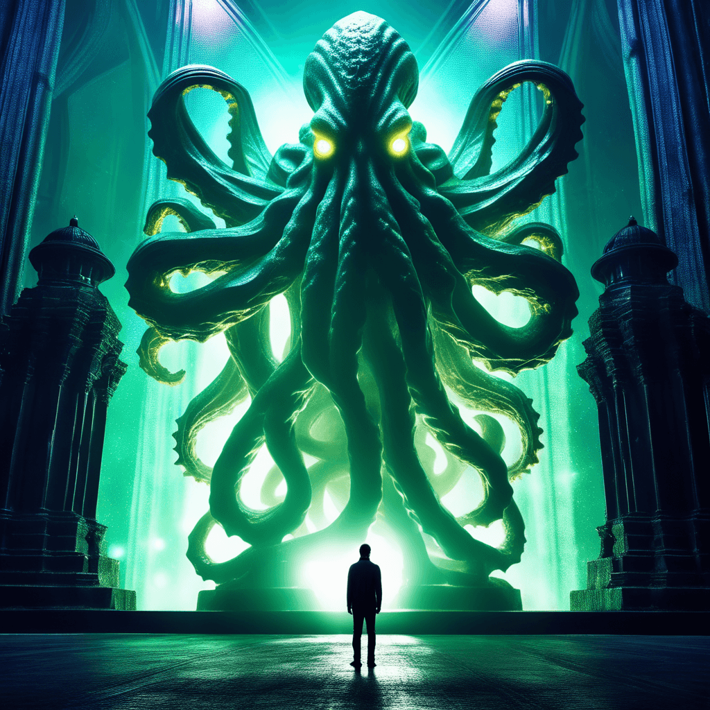 AI generated: A man in an open posture looking at an enormous Cthulhu statue, in the style of nightcore, simmetric...