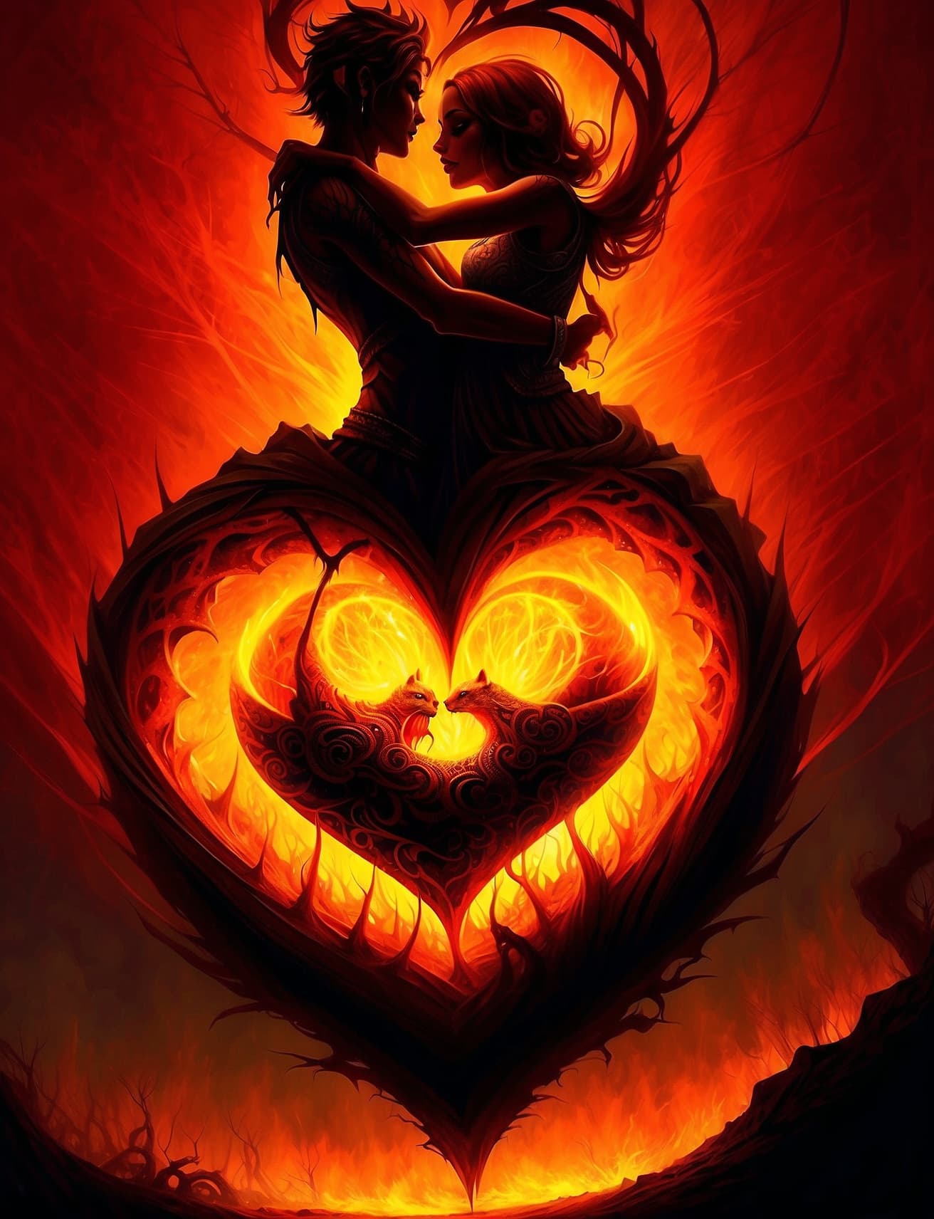 AI generated: Two lovers intertwined in a passionate embrace, their silhouettes illuminated by a warm, orange glow...
