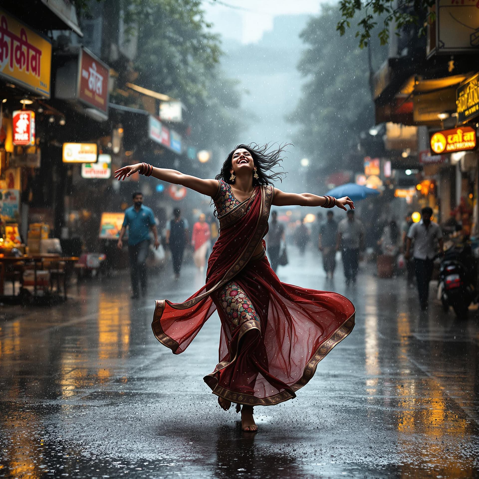 AI generated: An image depicting the metaphor of life as Indian girl dancing in the rain. Show a joyful and confid...
