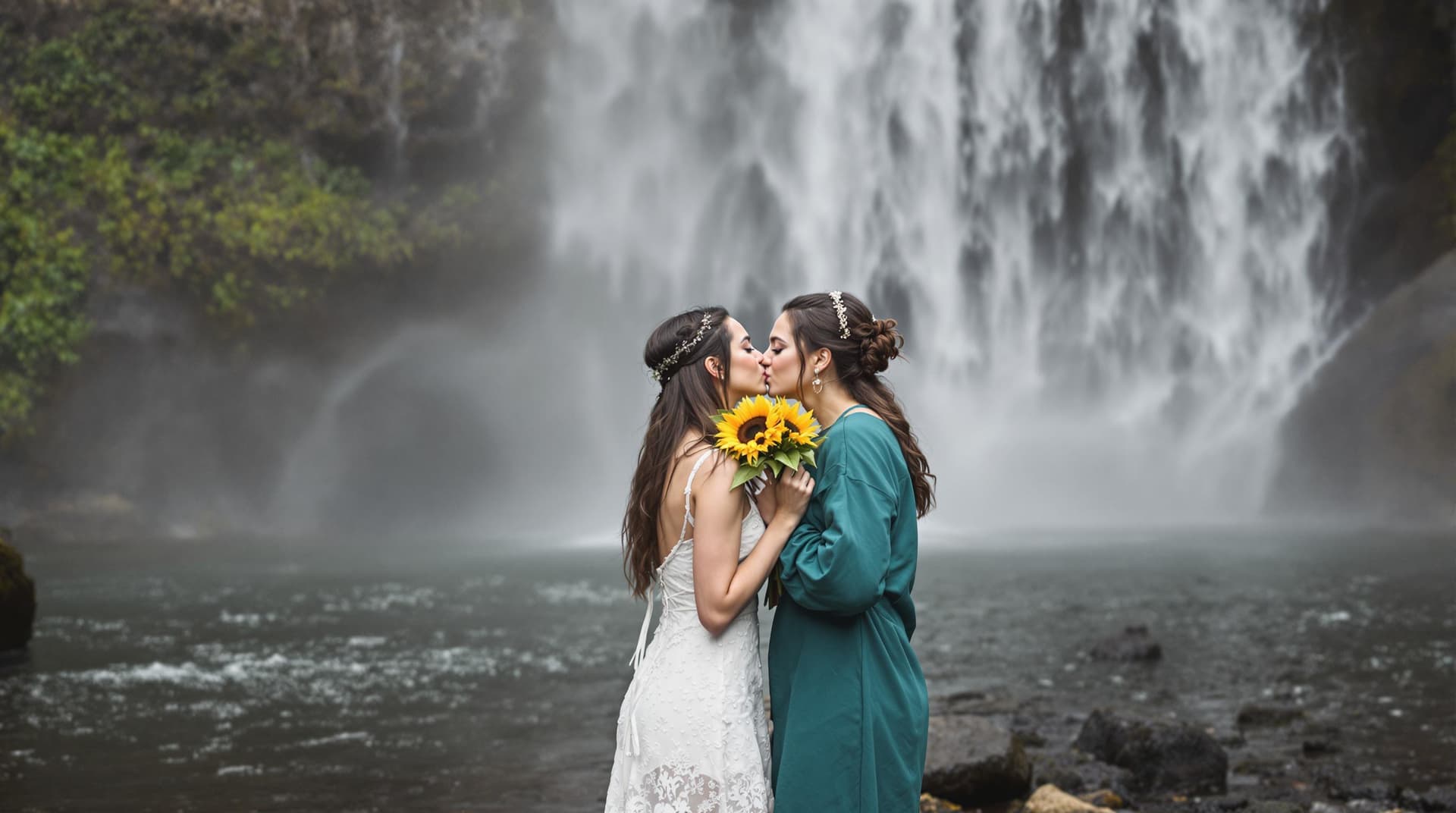 AI generated: two women in waterfall kiss together they have sunflower