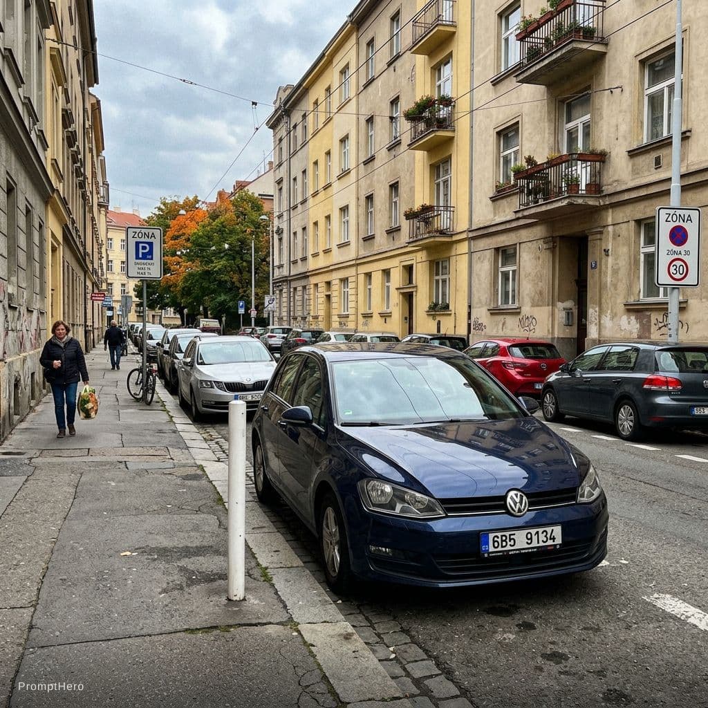AI generated: smartphone photo taken by a random person on the street, dark blue Volkswagen Golf parked on a typic...