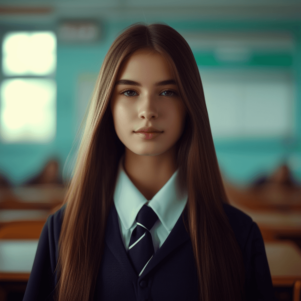 AI generated: woman in a school uniform and long brown hair in a classroom