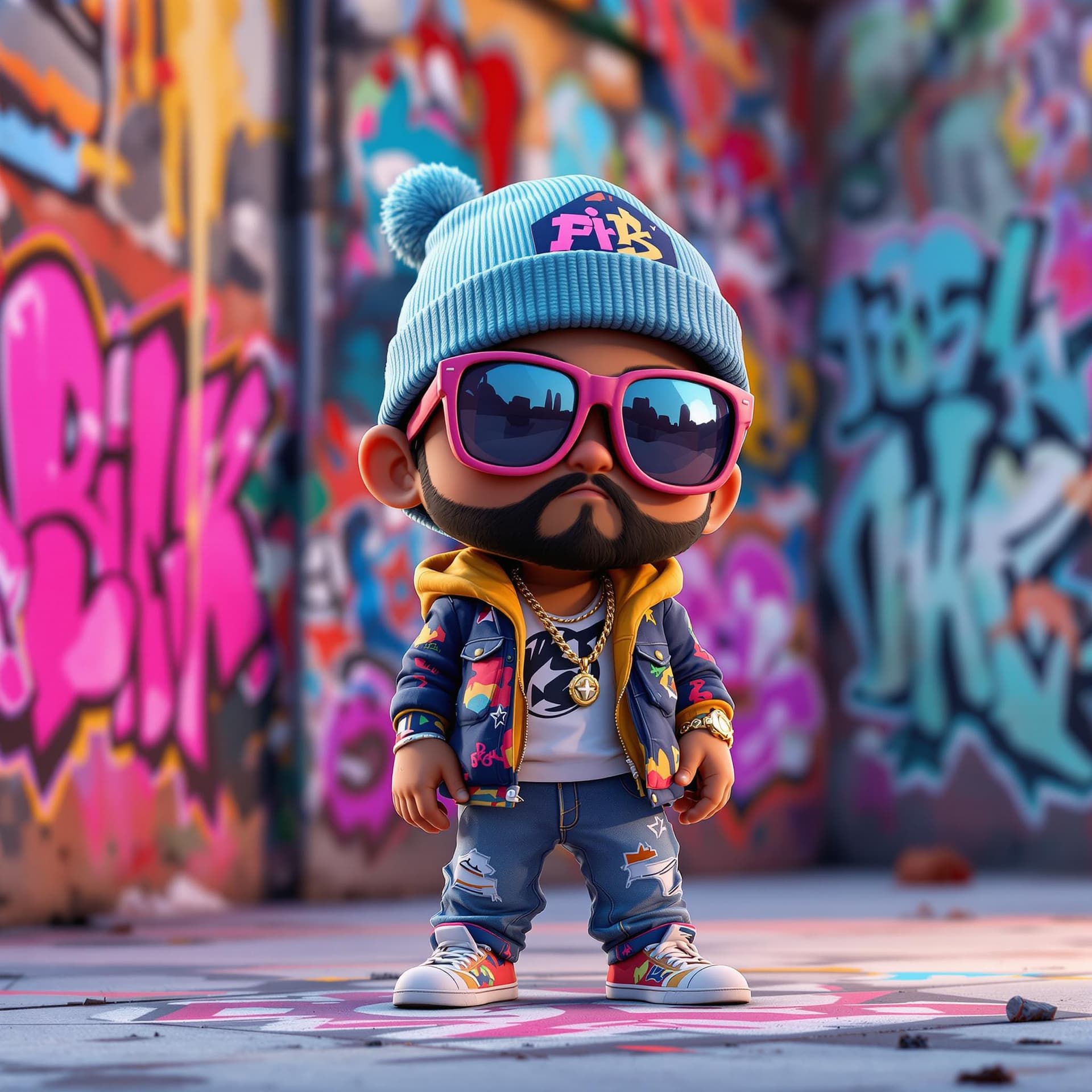 AI generated: 3d vector illustration of a hip hop graffiti character in pixar style with urban fashion and graffit...