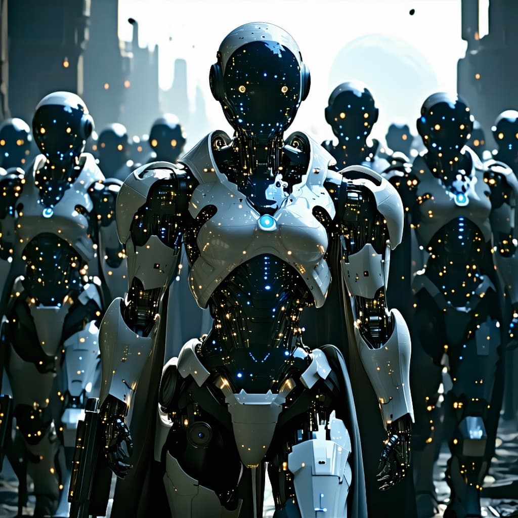 AI generated: Create a visual, show these forces as a peaceful invasion occupying force upon a planet. The figure ...