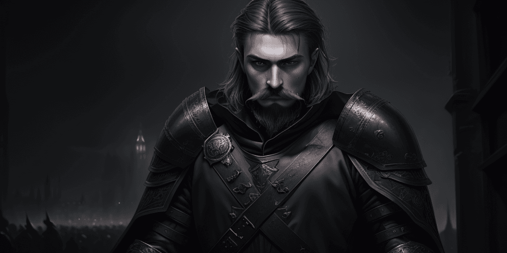 AI generated: Slavic young man knight with small beard and moustache and no helmet wearing black matte battle armo...