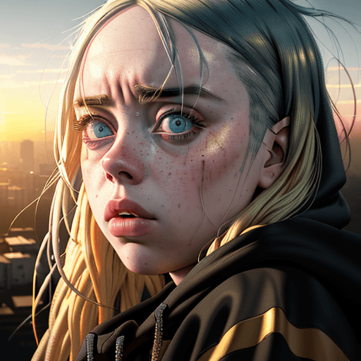AI generated: Photo of  hyper realistic  Billie Eilish looking , dramatic light, golden hour ((sunset)), cinematic...