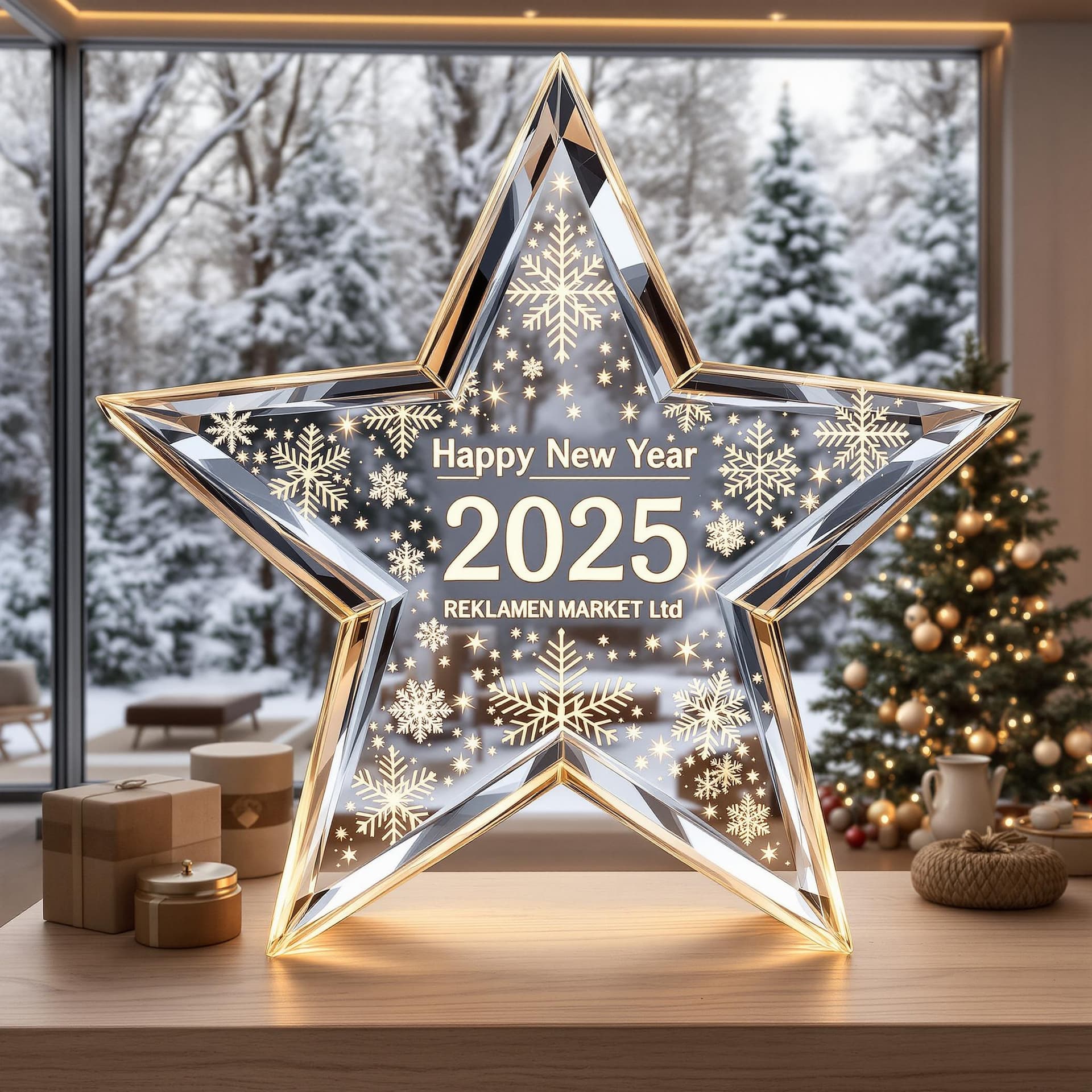 AI generated: A high resolution crystal star with beautiful snowflakes and the name "Happy New Year 2025 REKLAMEN ...