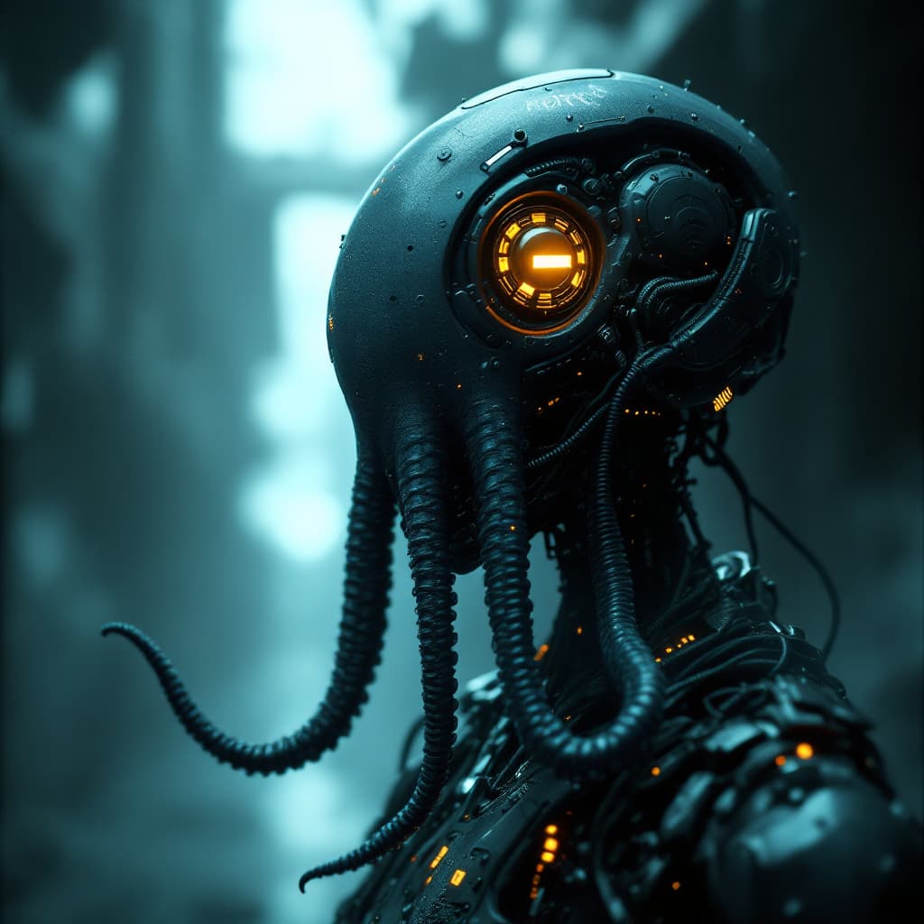 AI generated: rendering, side shot, falf-strange body with complex system equipment with hyper detail robot octopu...