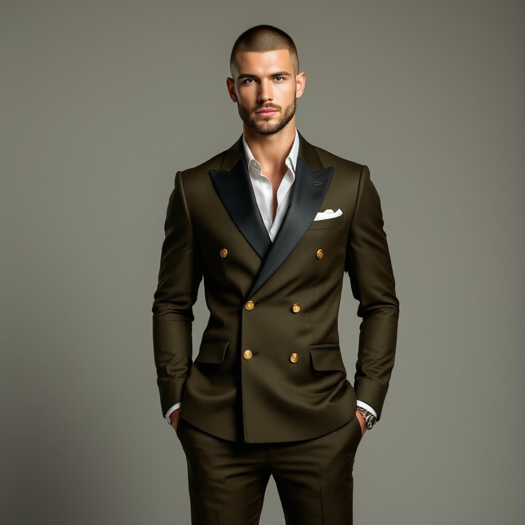 AI generated: Fashion photo of a 25-year-old white American man, light skin, buzzcut, short beard, wearing a fitte...