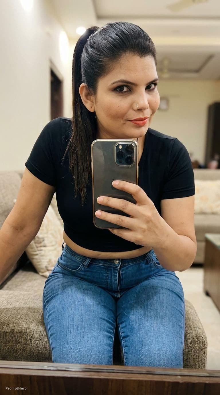 AI generated: Make her wear a compression cropped black top and fit jeans, ponytail hairstyle, sitting on a couch ...