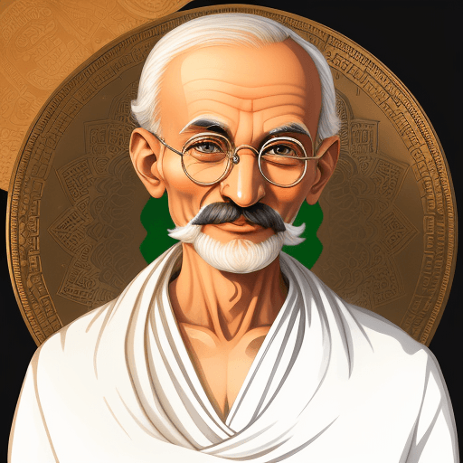 AI generated: Mahatma Gandhi ilustration with round glasses happy smiling eyes beardless india folk style crypto p...
