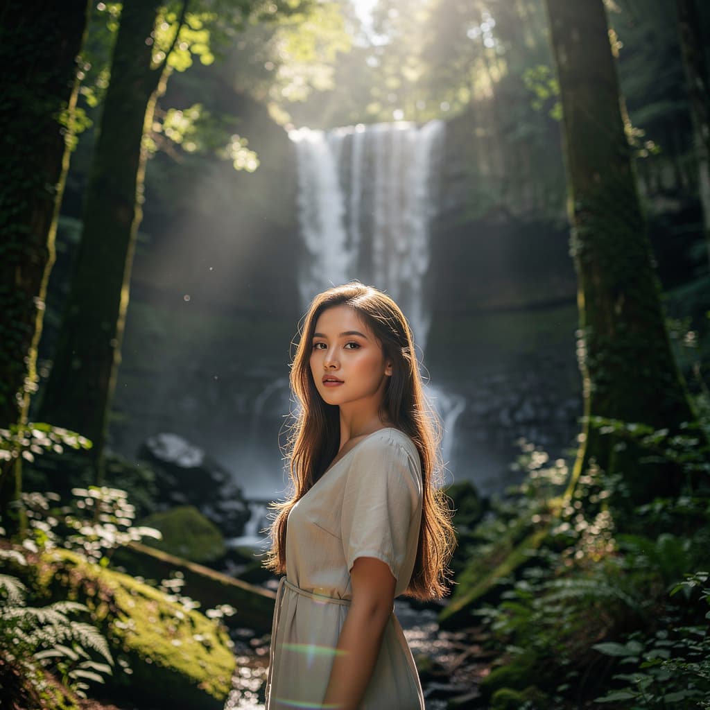 AI generated: beautiful girl in the deep forest with a waterfall in the background