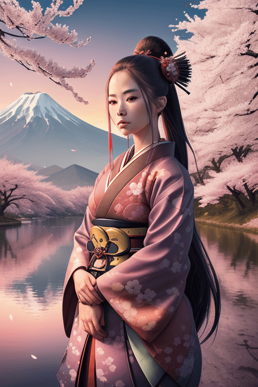 AI generated: A stunning portrait of a female samurai at a beautiful lake with cherry trees, mountain fuji backgro...