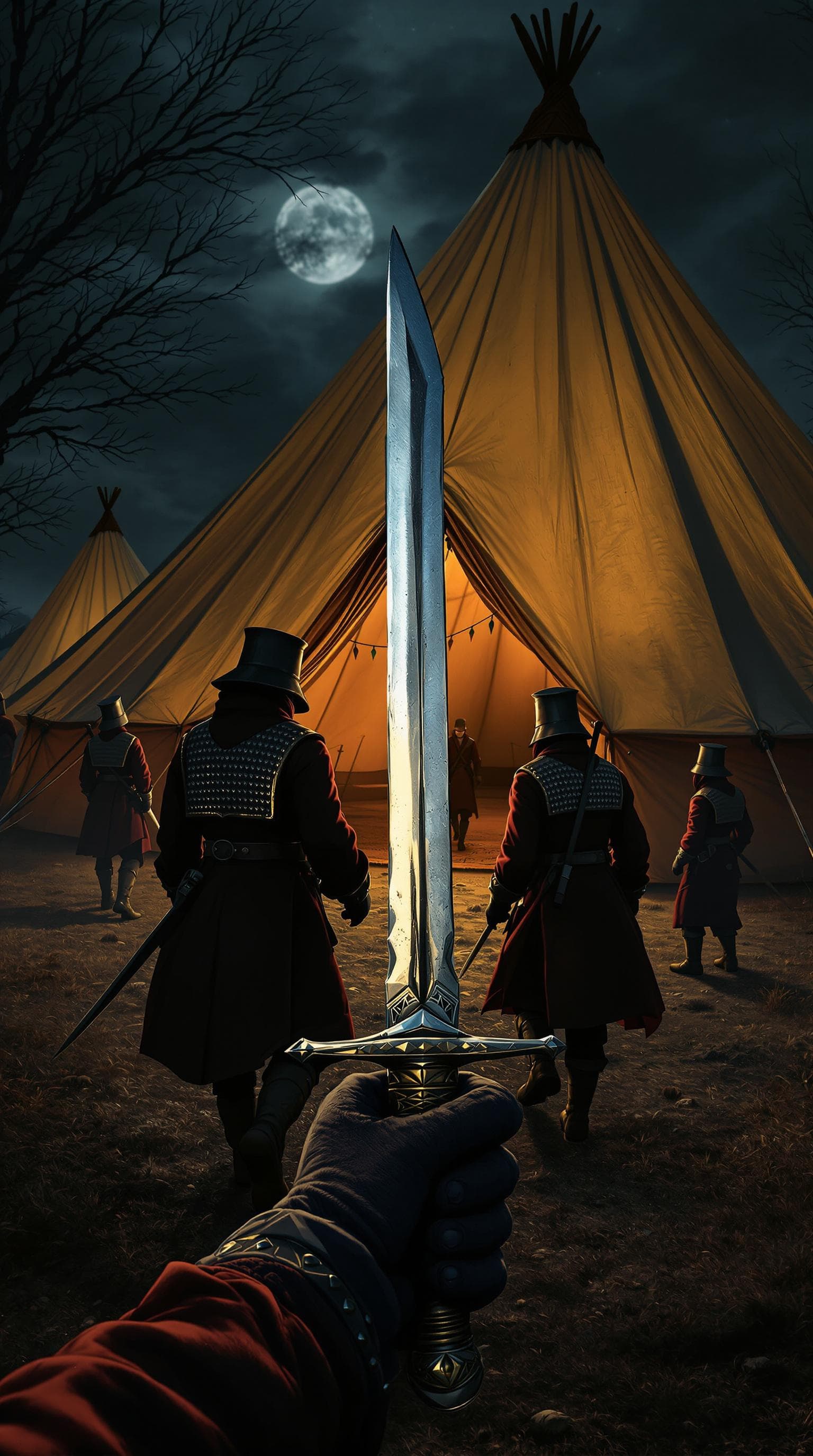 AI generated: First-person POV, My gloved hands grip a curved dagger, its blade catching the faint glow of the moo...