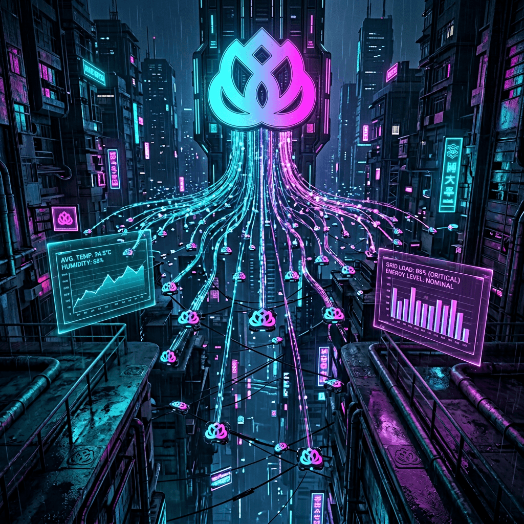 AI generated: "Network of IoT sensors and devices floating in a futuristic smart city, datam streams flowing from ...
