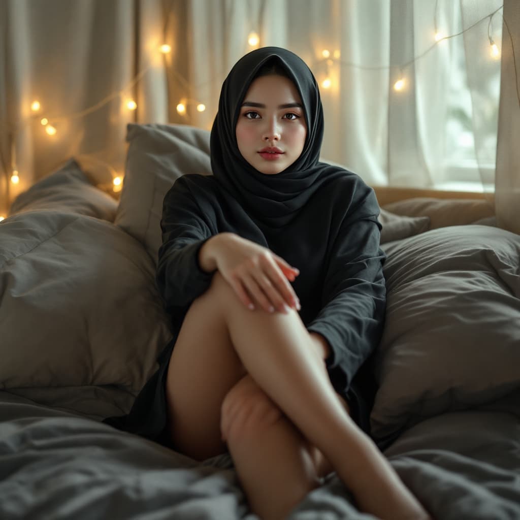 AI generated: Realistic, Asian hijab girl ,15 years old ,transparant body stocking ,nude ,full body ,sit ,in bed 