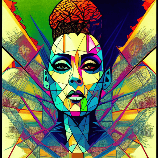 AI generated: geometric abstract portrait of Bride of Frankenstein kissing Frankenstein, bright vibrant colorful, ...