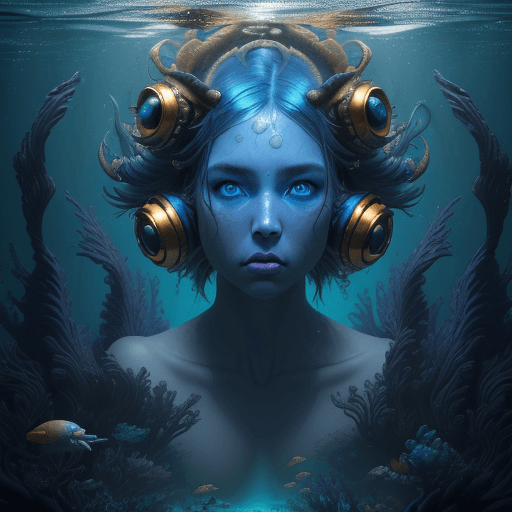 AI generated: anthropomorphic fem incredible creature from the Mariana Trench, ultramarine hair and gold eyes, ult...