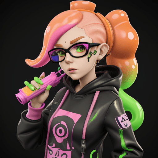 AI generated: splatoon 3 character, 3d model, adult lady, street style, unreal engine 5, green slime melt, pink an...