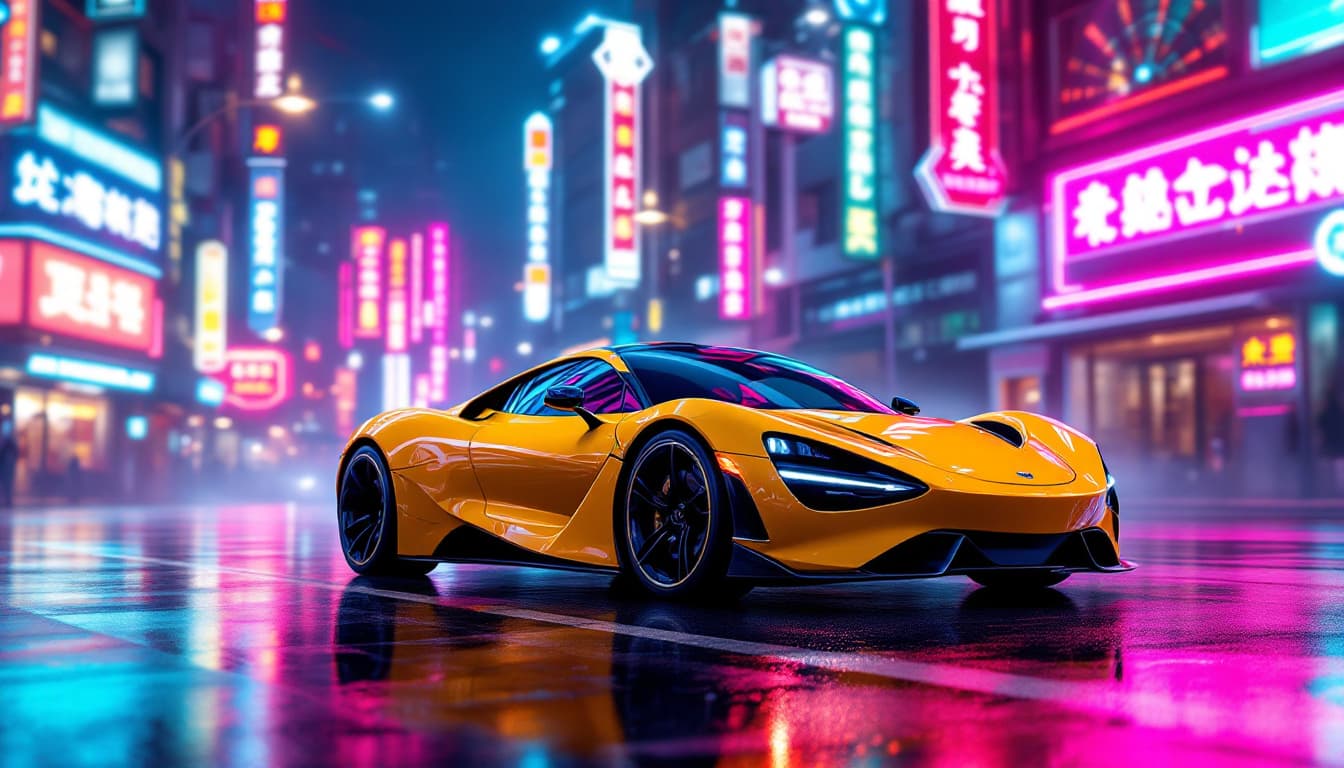 AI generated: Image is a digital artwork featuring a sleek, modern sports car in a vibrant urban setting LCD light...