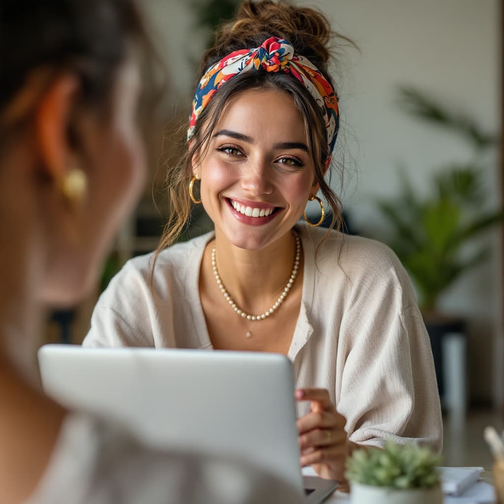 AI generated: A pretty woman influencer, with a warm and genuine smile, is sitting at her desk with her laptop ope...