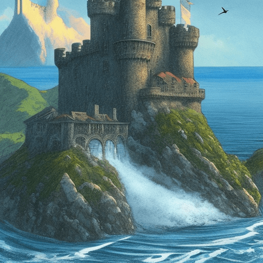 AI generated: a castle on a flying  island hovering a stormy sea at dawn.The flying island includes mountains in b...