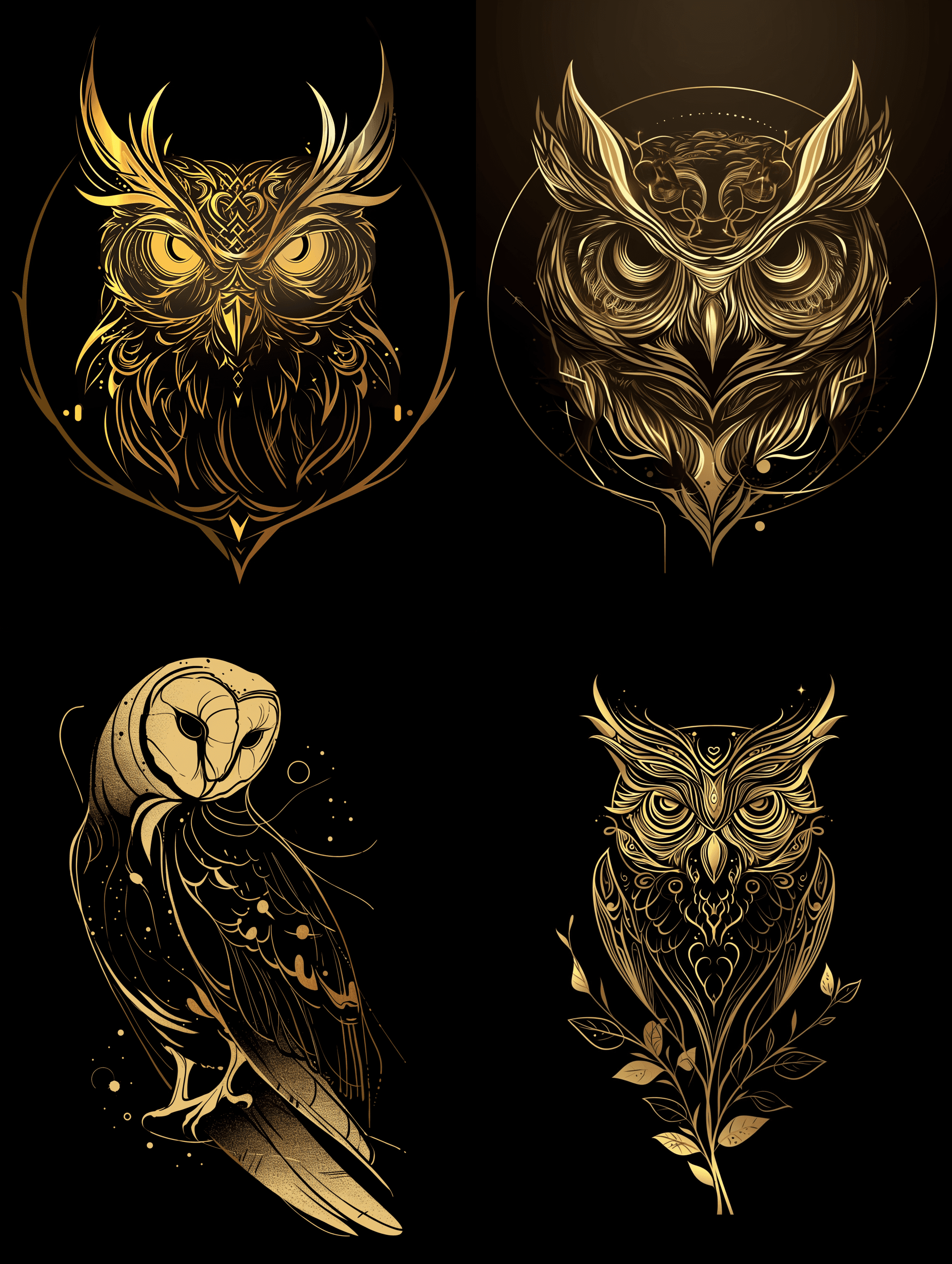 AI generated: Line art logo of a owl, golden, minimal, solid black background --s 50