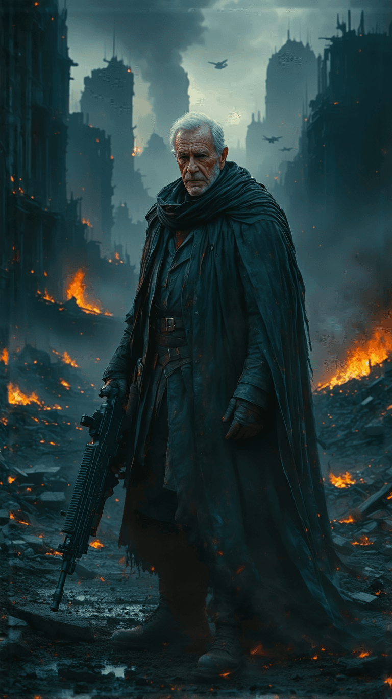 AI generated: A **legendary warrior** stands defiantly amidst the **ruins of a modern city in turmoil**, his **sil...