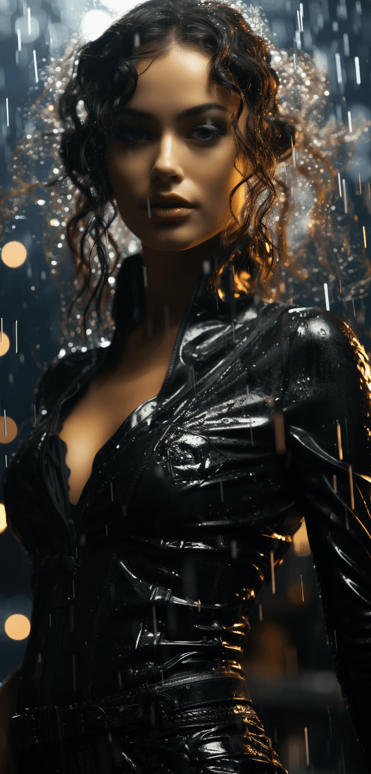 AI generated: Beautiful woman dancing with water drops stock photo, in the style of dark navy and silver, stylish,...